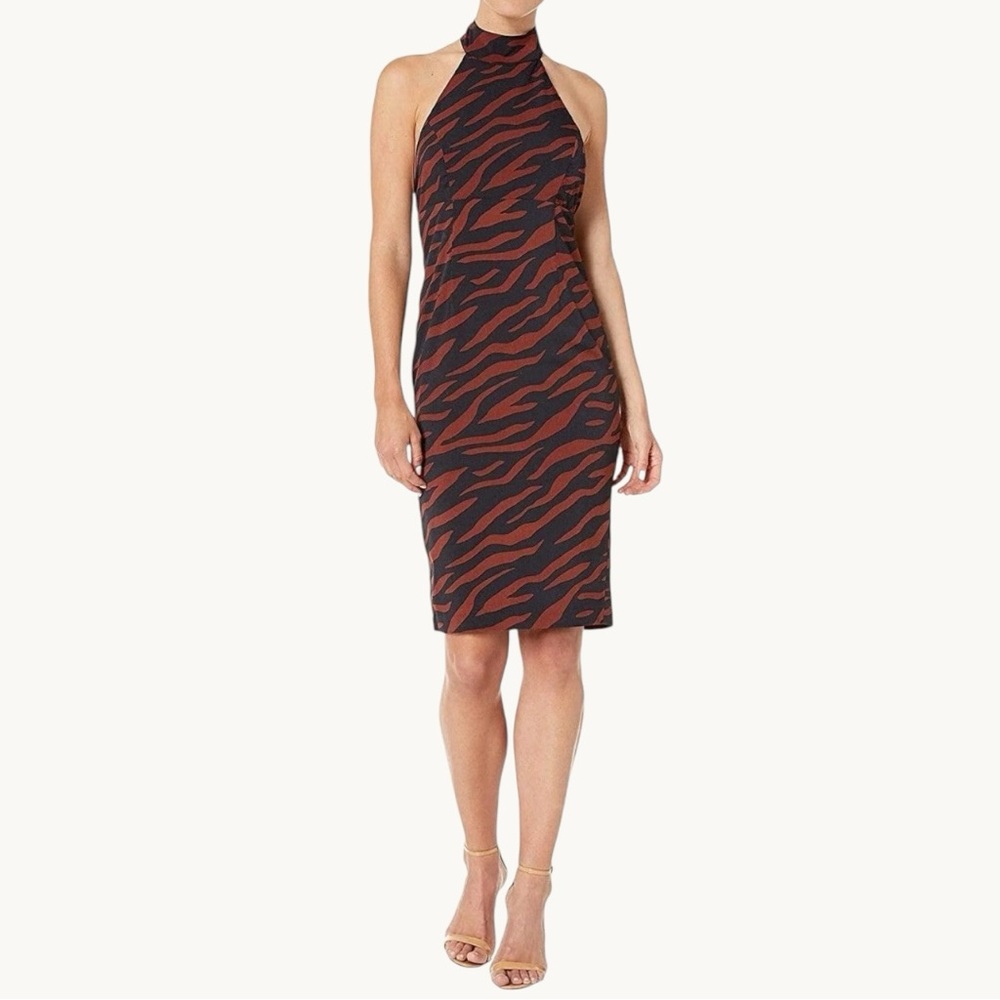 Bardot Halter Neck Tie Zebra Print Brown Black Cocktail Party Midi Dress Sz. 6